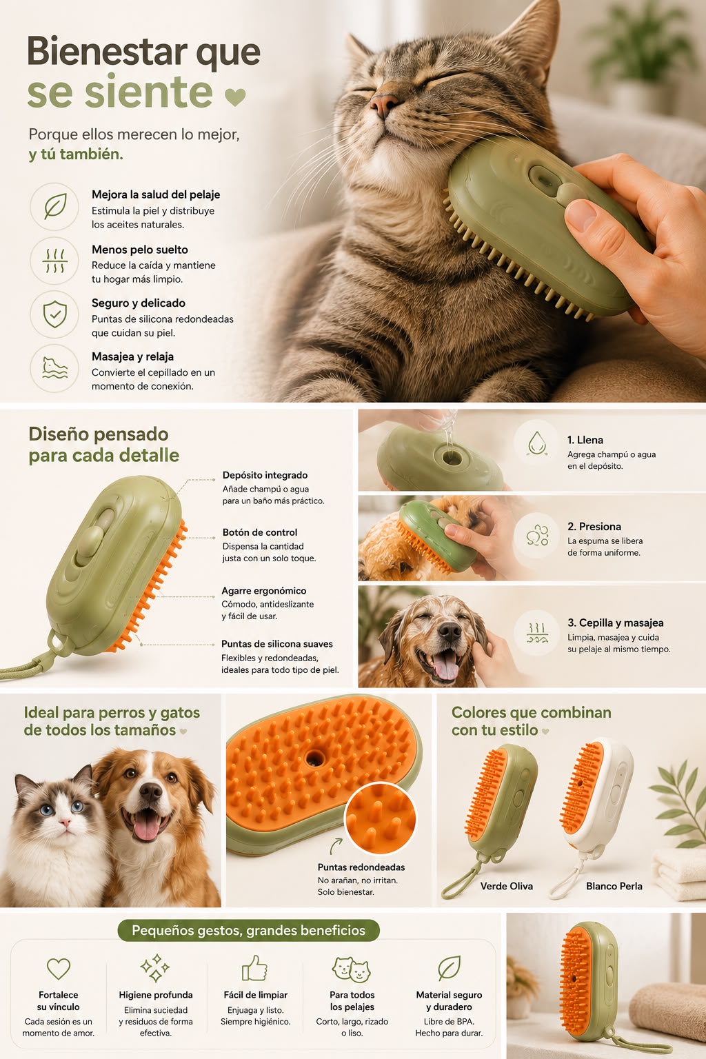 Cepillo Eléctrico con Spray 3 en 1 para Perros y Gatos.