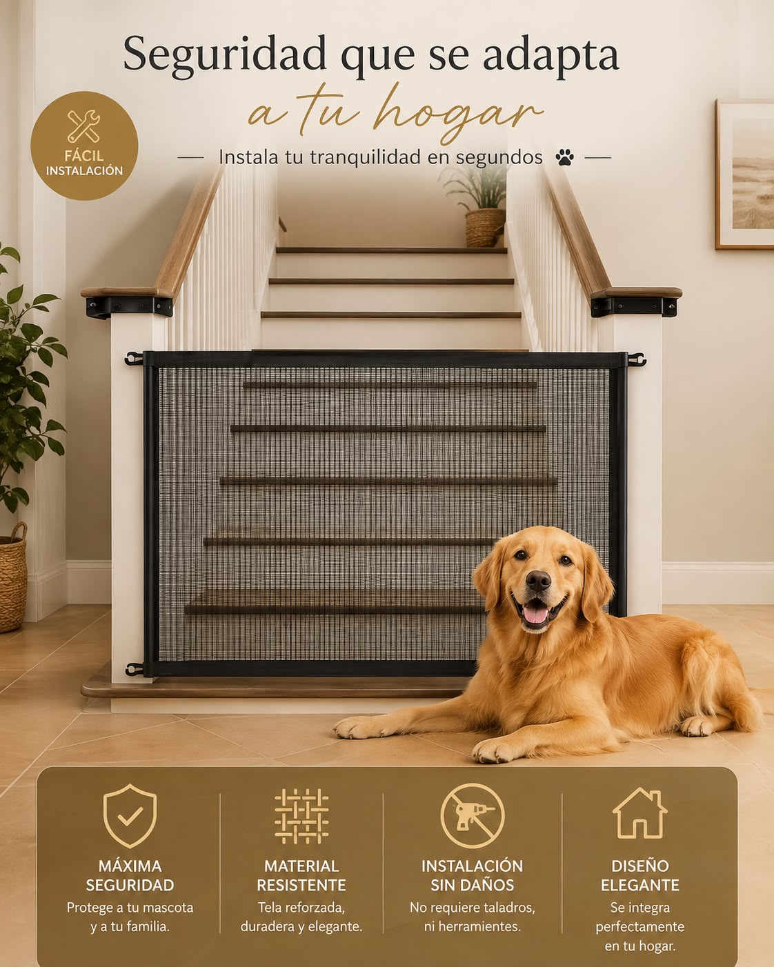 Barrera de seguridad plegable para perros y mascotas con malla transpirable y 4 ganchos de fijación. Red de aislamiento para escaleras, puertas y zonas de paso, ideal para mantener a tu mascota en un área segura.