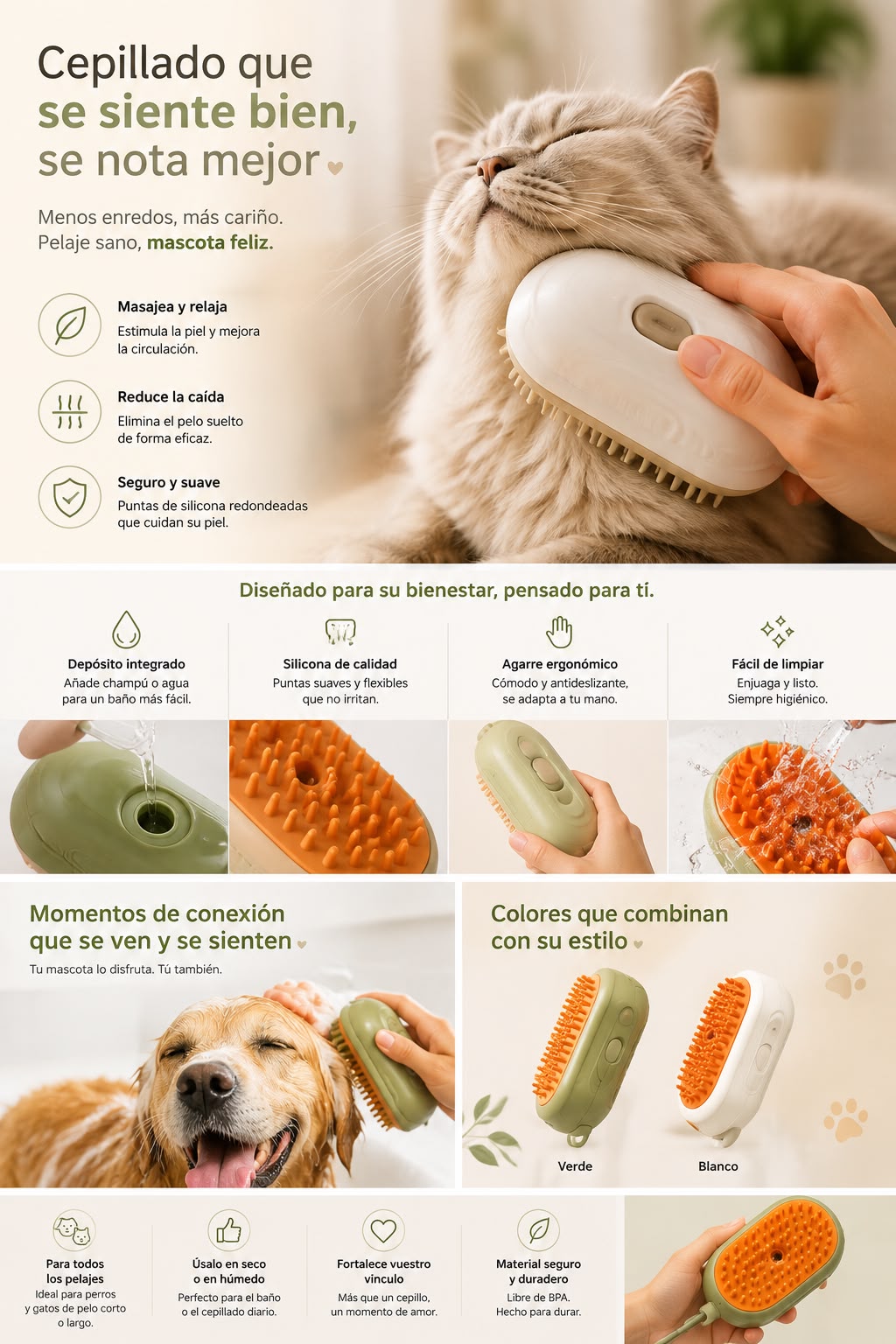 Cepillo Eléctrico con Spray 3 en 1 para Perros y Gatos.